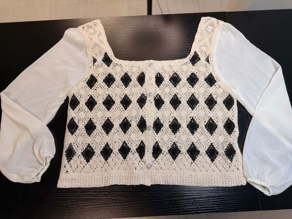 LOLA Crochet Diamond Knit Blouse with Sheer Chiffon Sleeves